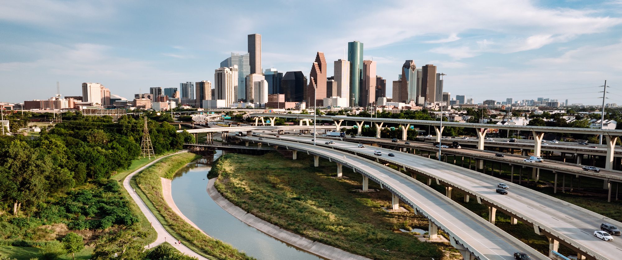 Drone point of view of downtown Houston, Texas, USA at sunset.